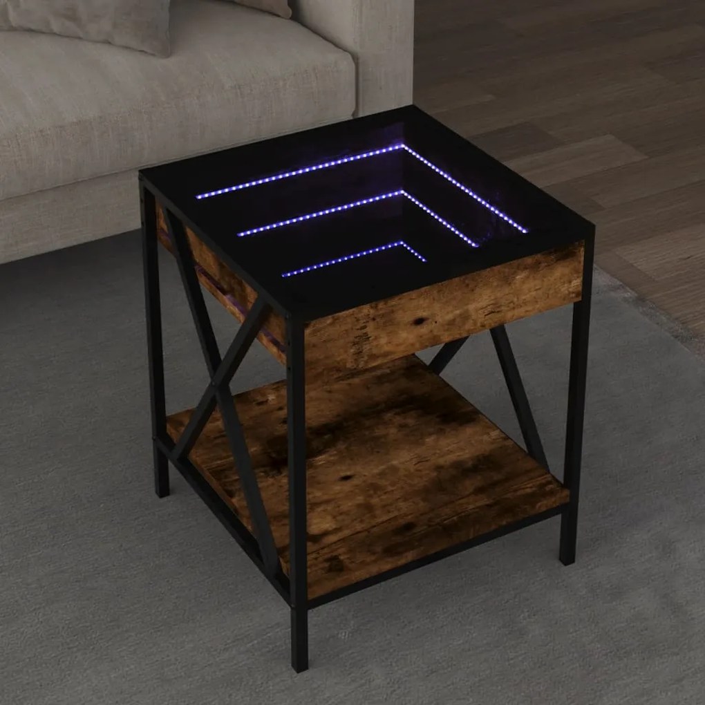 vidaXL Măsuță de cafea cu LED infinity, stejar fumuriu, 40x40x49 cm