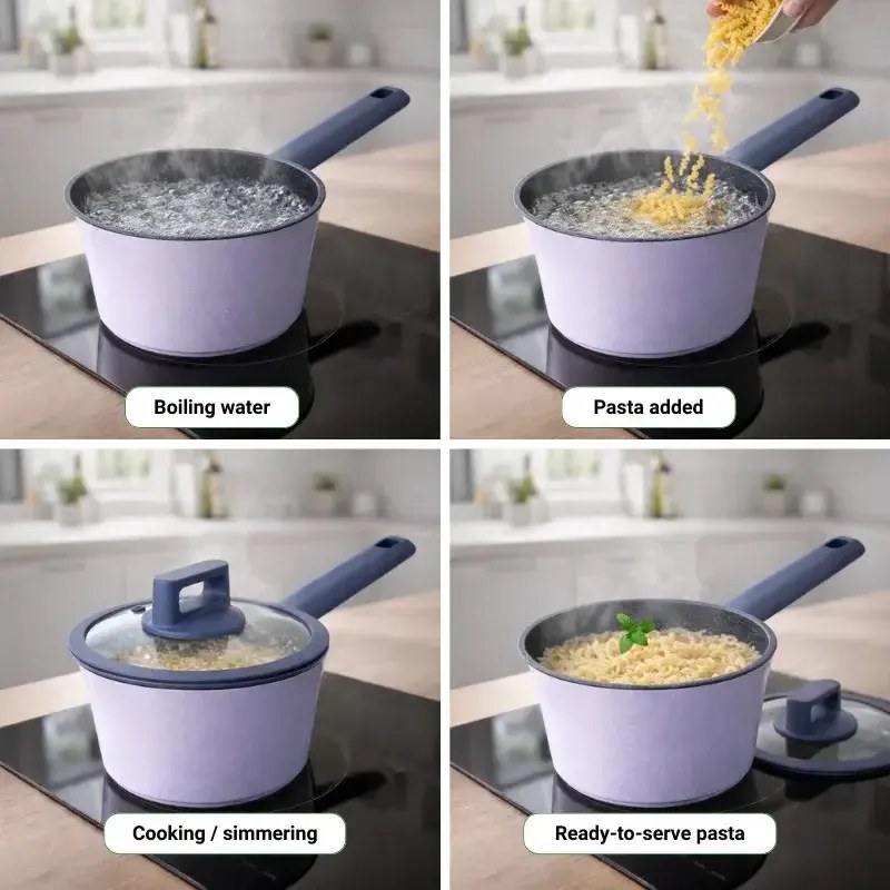Set de cratite, cos de prajit si tigaie Just Perfecto JL-330, 6 piese, Acoperire din marmura, Inductie, Capac din sticla cu orificiu pentru abur, Violet/albastru