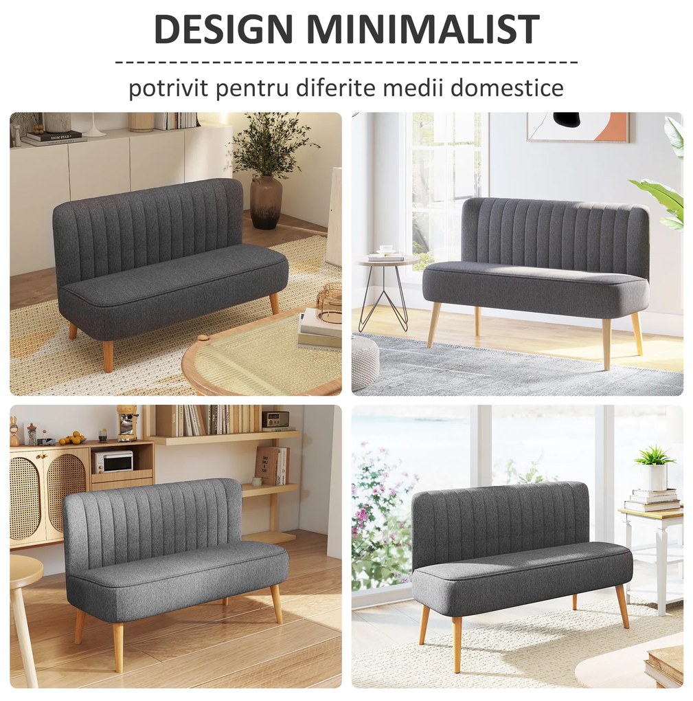 HOMCOM Canapea Modernă cu 2 Locuri din Material Textil Fără Brațe, Structura și Picioare din Lemn, 117x56,5x77 cm, Gri | Aosom Romania