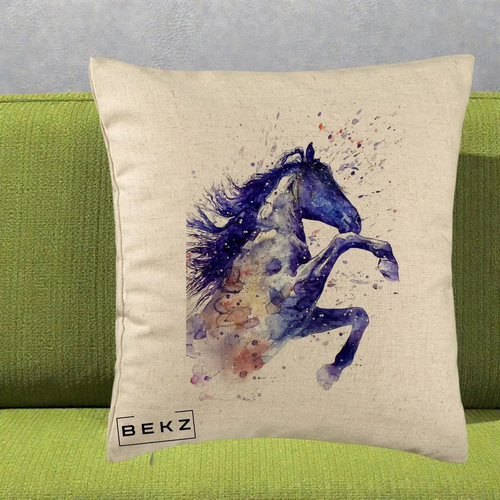 Perna Decorativa Cal Albastru Acuarela, 40x40 cm, Bej, Husa Detasabila, Perna Inclusa, BEKZ®