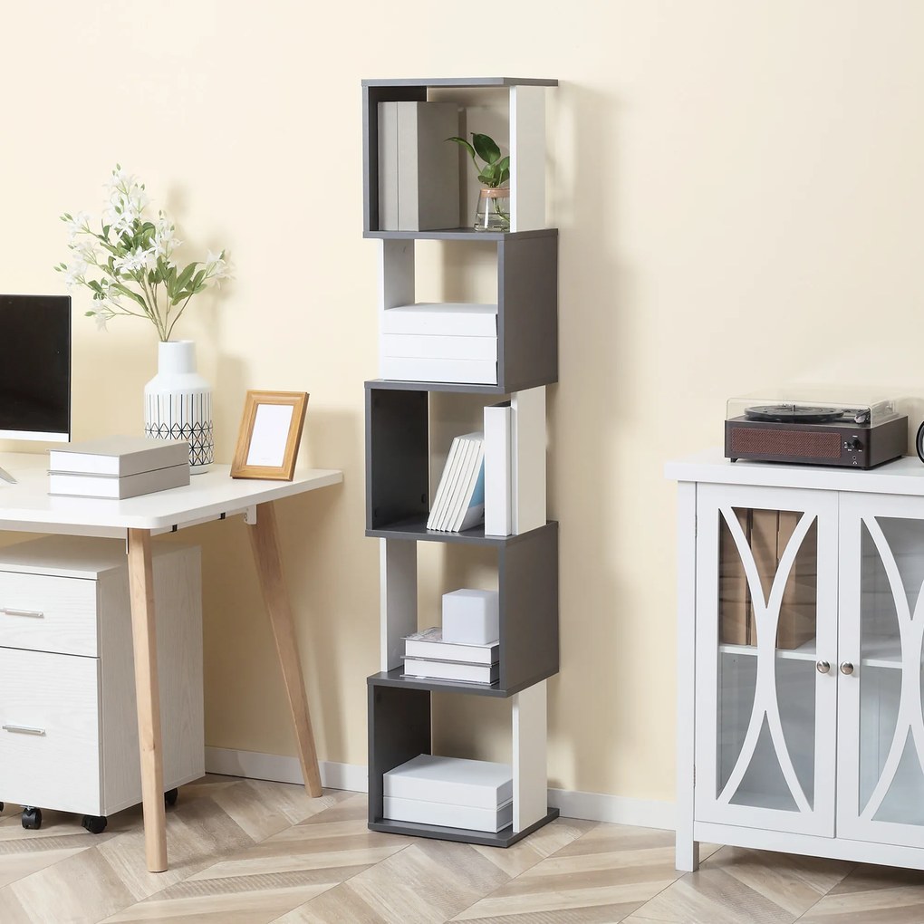 Biblioteca cu 5 rafturi din lemn HOMCOM 33x28x161cm, gri si alb | Aosom Romania
