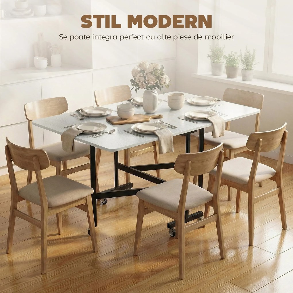 HOMCOM Masă de Dining Pliabilă, Masă Rabatabilă cu Roți și Frâne pentru 4-6 Persoane, Birou Compact cu Structură din Oțel, pentru Living, 120x80x73 cm, Alb cu Aspect de Lemn | Aosom Romania