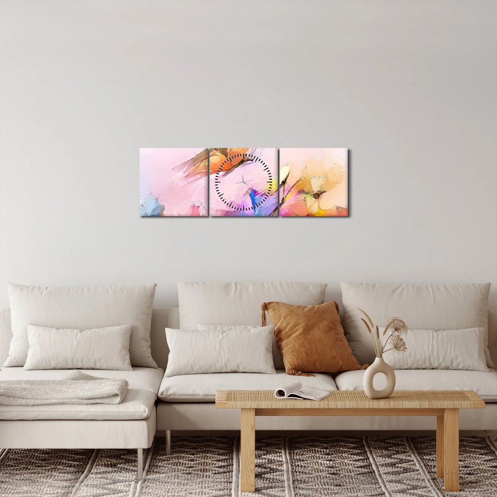 Tablou - Fluture asupra florilor, abstracție (cu ceas) (90x30 cm)