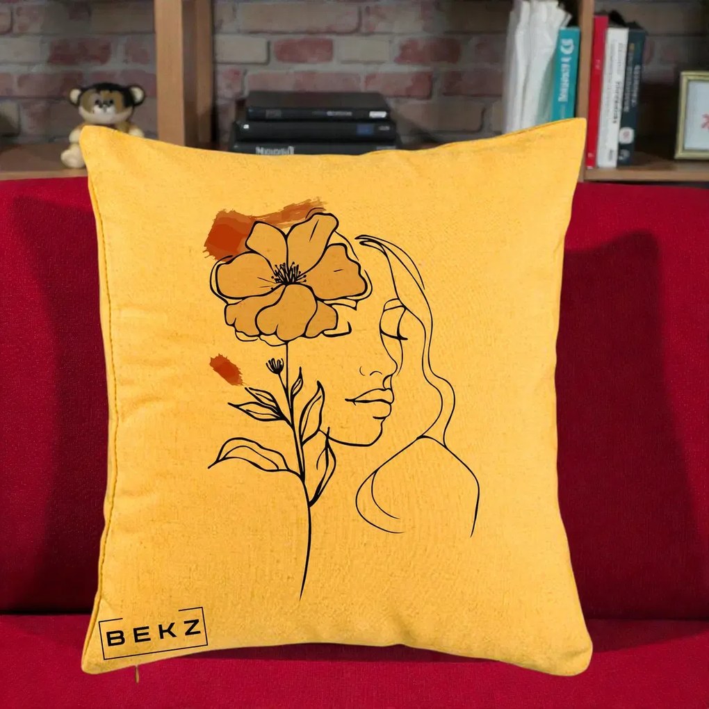 Perna Decorativa Portret Feminin Floare Bej Terracotta, 40x40 cm, Galben, Husa Detasabila, Perna Inclusa, BEKZ®
