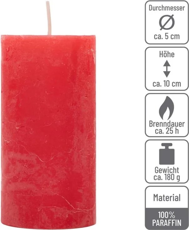 Set de lumânări rustice, 10 cm, Ø 5 cm, roșu, 16 buc