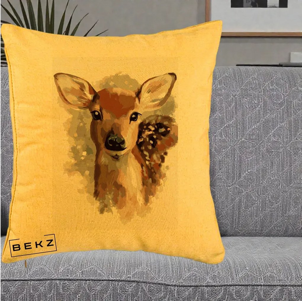 Perna Decorativa Caprioara Pui Acuarela, 40x40 cm, Galben, Husa Detasabila, Perna Inclusa, BEKZ®