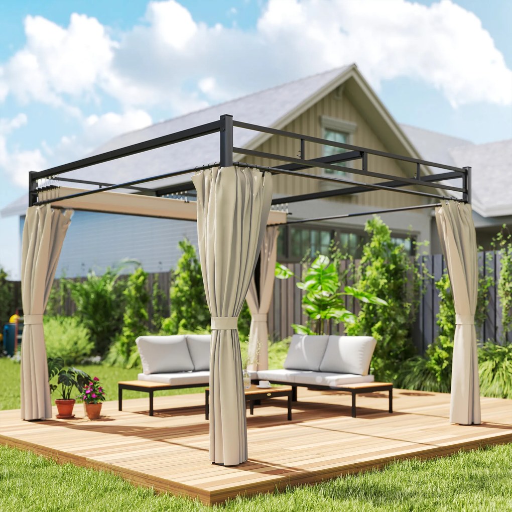 Outsunny Pergolă de Grădină 3x3 m cu Acoperiș Retractabil și Perdele Protecție UV30+ Structură Metalică pentru Patio Terasă Bej | Aosom Romania