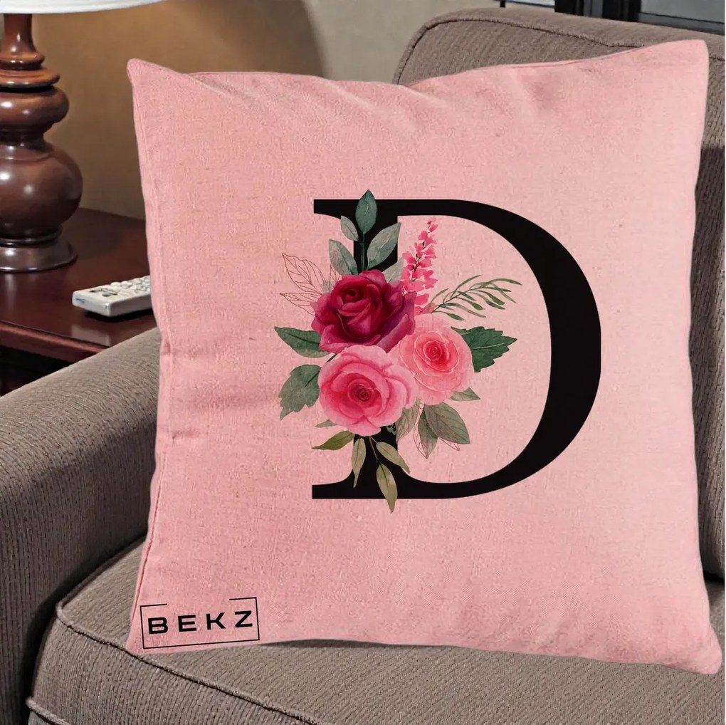 Cadou Personalizat - Perna Personalizata Monograma Florala Litera D, 40x40 cm, Roz, Husa Detasabila, Perna Inclusa, BEKZ®