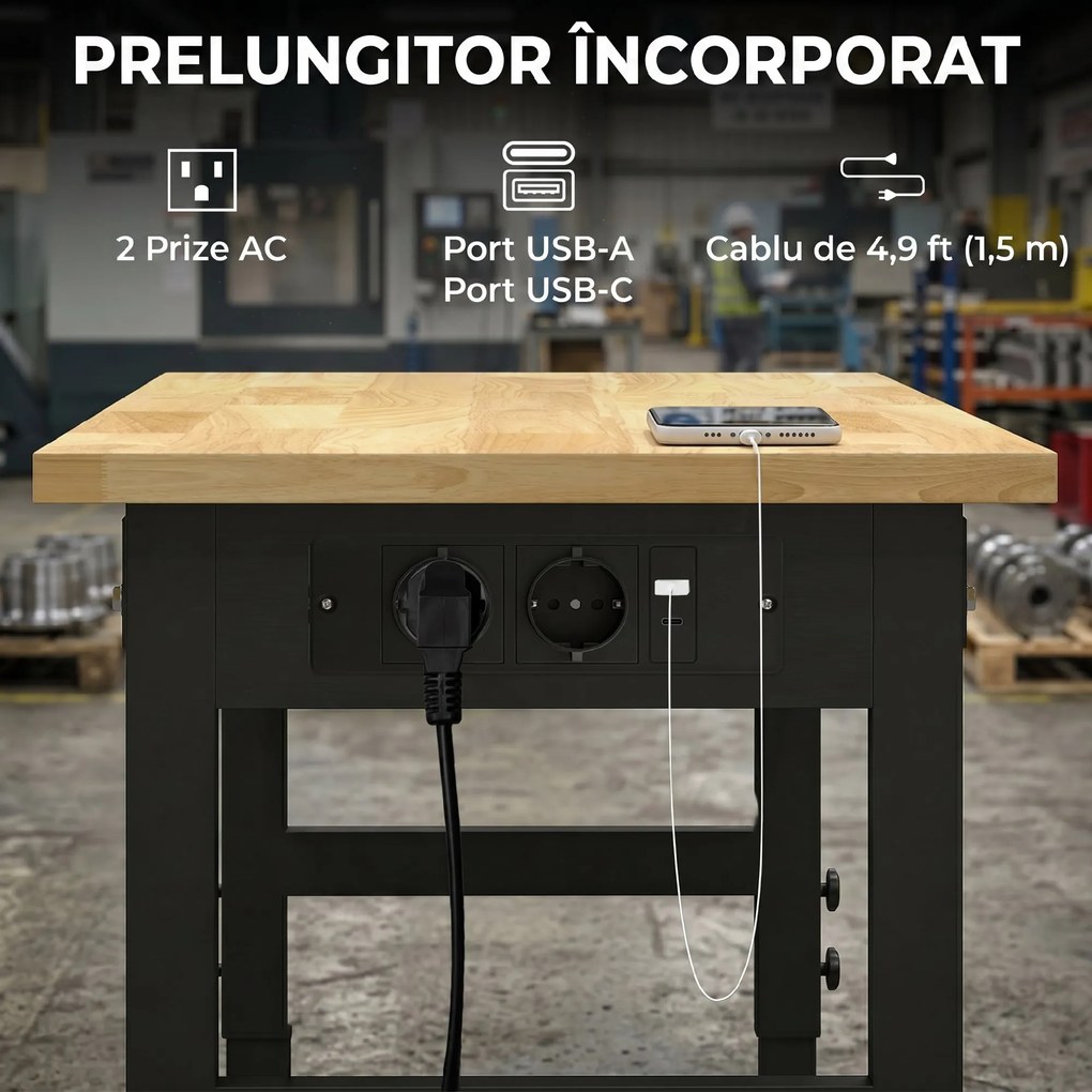 HOMCOM Masă de Lucru Reglabilă 122 cm, Blat Robust din Lemn de Cauciuc, 2 Prize AC și 2 Porturi USB, Panou Perforat, Capacitate 900 kg, pentru Garaj, Atelier și Casă | Aosom Romania