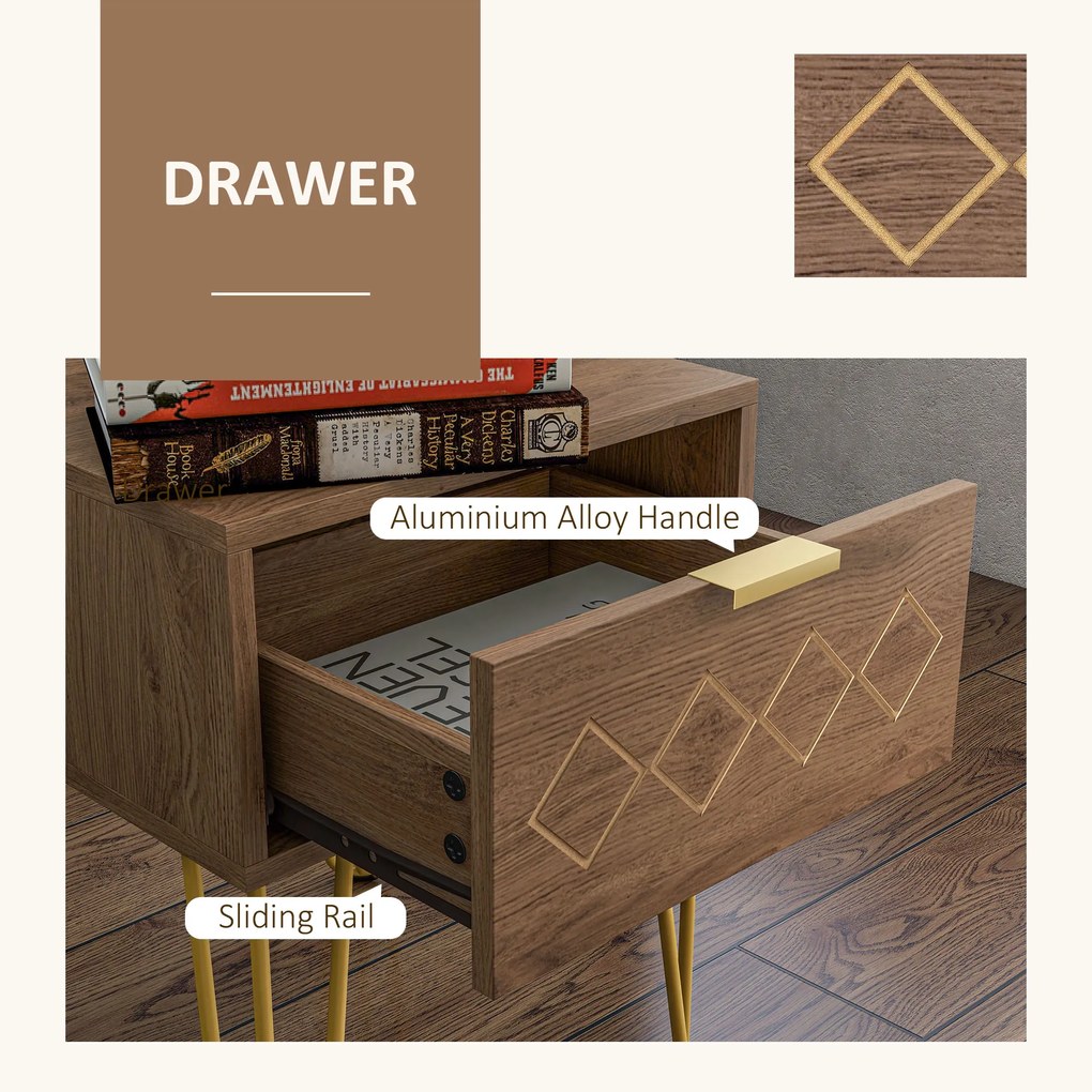 HOMCOM Noptiere Moderne Set 2 Bucati din PAL si Otel cu Sertar, 39.5x41x49 cm, Maro | Aosom Romania