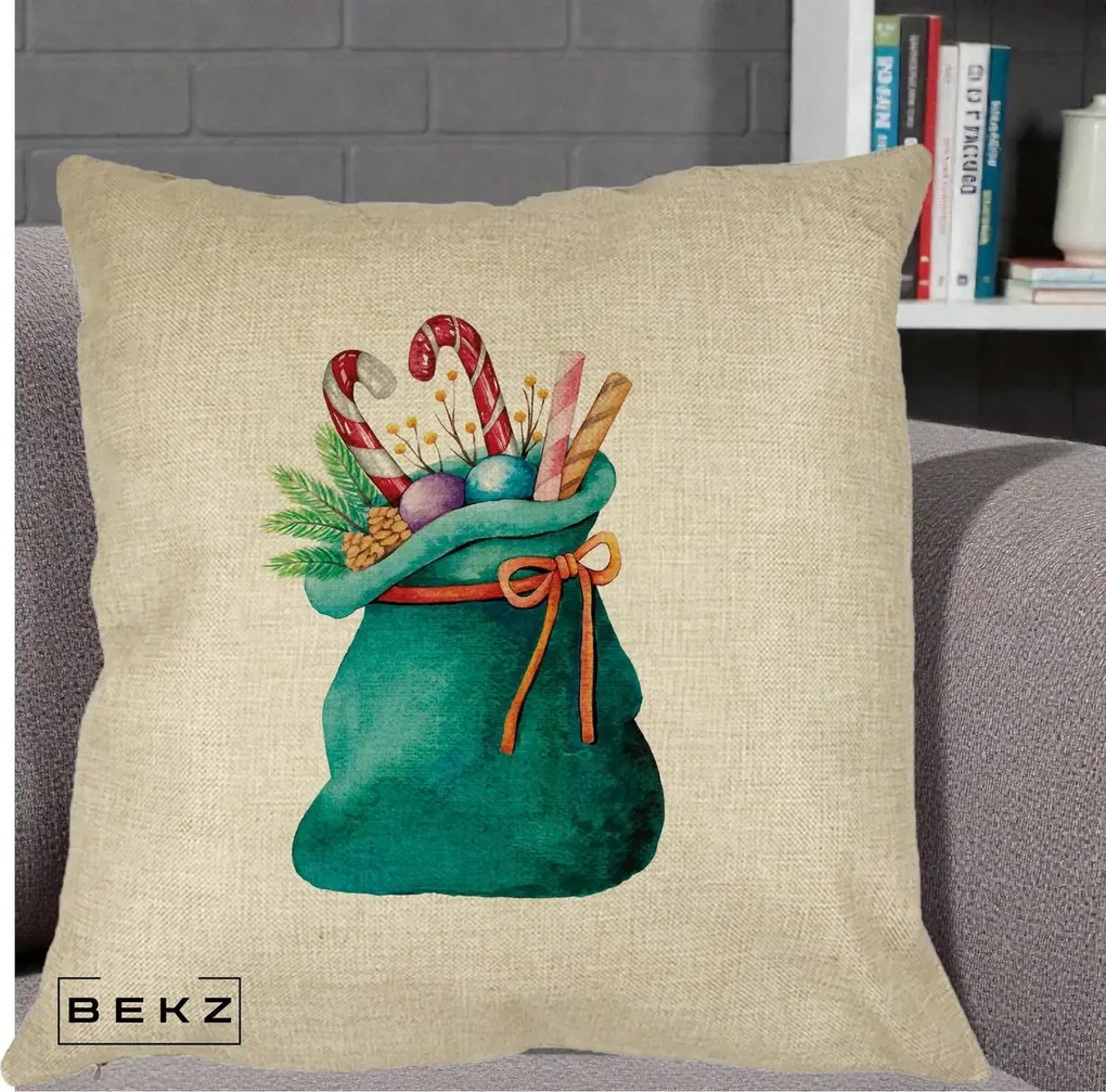 Perna Decorativa Saculet Cadouri Mos Craciun Acuarela Verde, 40x40 cm, Crem, Husa Detasabila, Perna Inclusa, BEKZ®