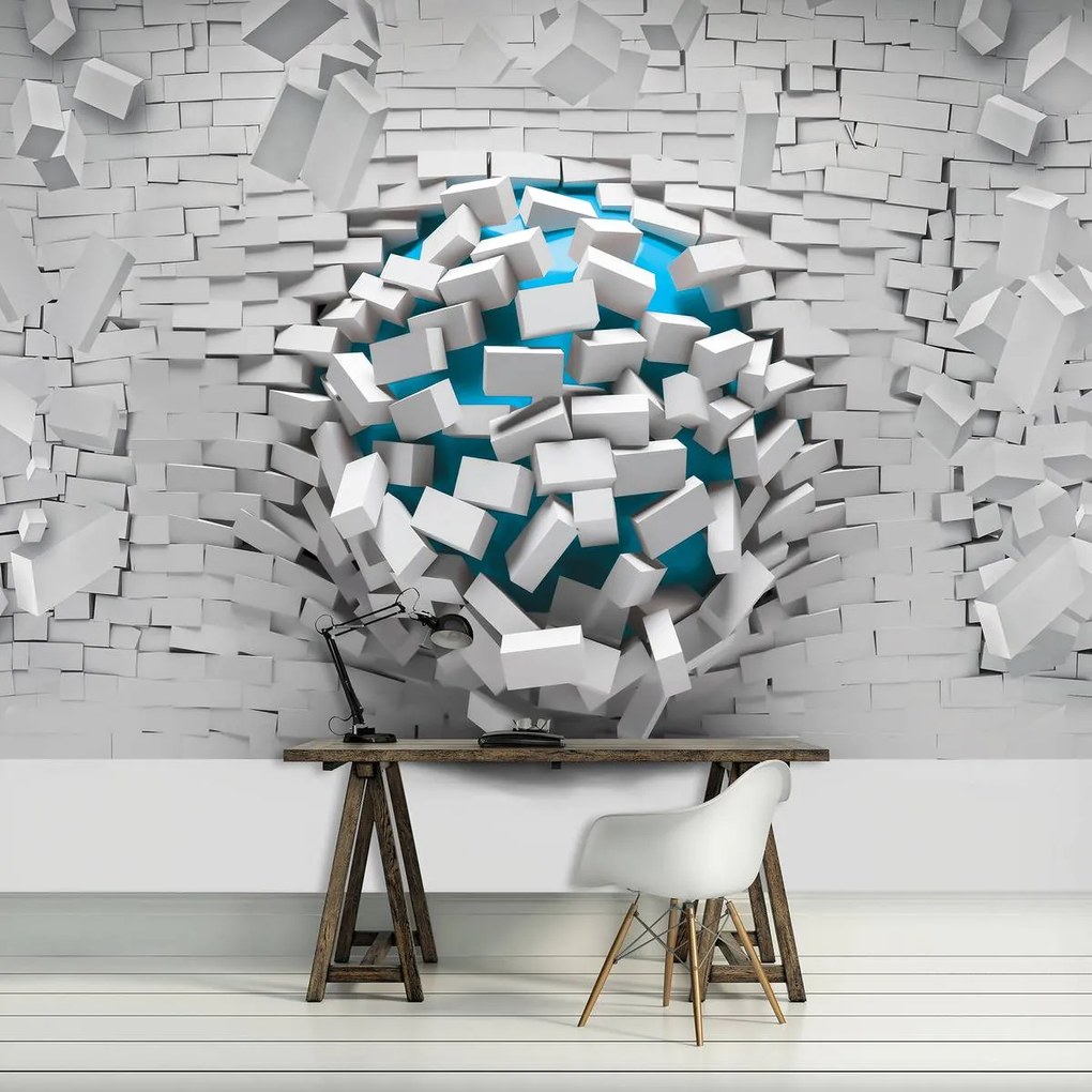Fototapet - 3D mingea albastră și peretele alb din cărămizi (152,5x104 cm)
