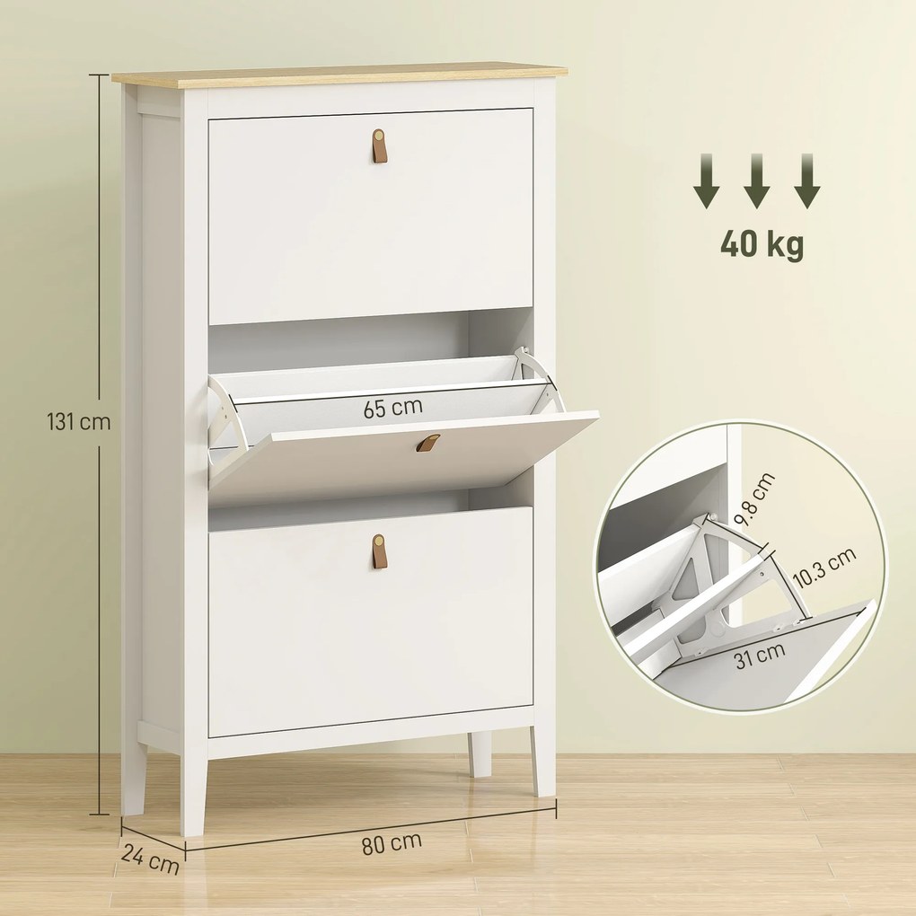 HOMCOM Pantofar Slim cu 3 sertare, pentru 21 perechi de încălțăminte, mărimea EU44 și rafturi reglabile, 80x24x131 cm, alb | Aosom Romania