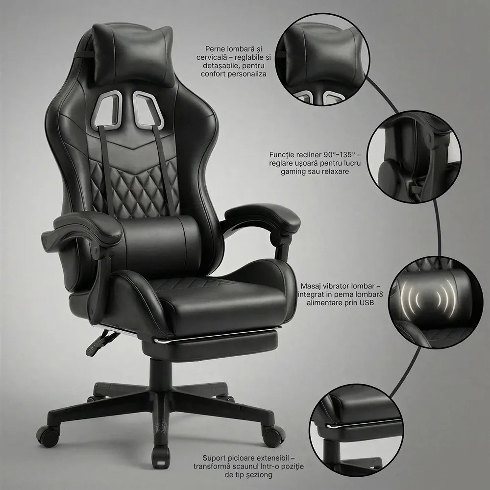RESIGILAT- Scaun gaming, sistem iluminare bandă LED RGB, masaj în perna lombară, suport picioare, Negru