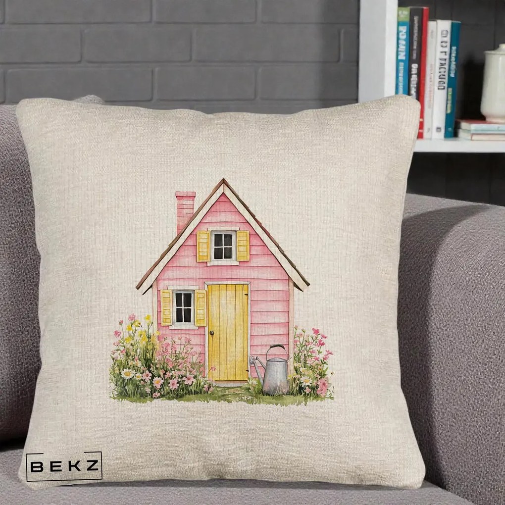Perna Decorativa Casuta Roz Acuarela cu Gradina, 40x40 cm, Bej Canapea, Husa Detasabila, Perna Inclusa, BEKZ®