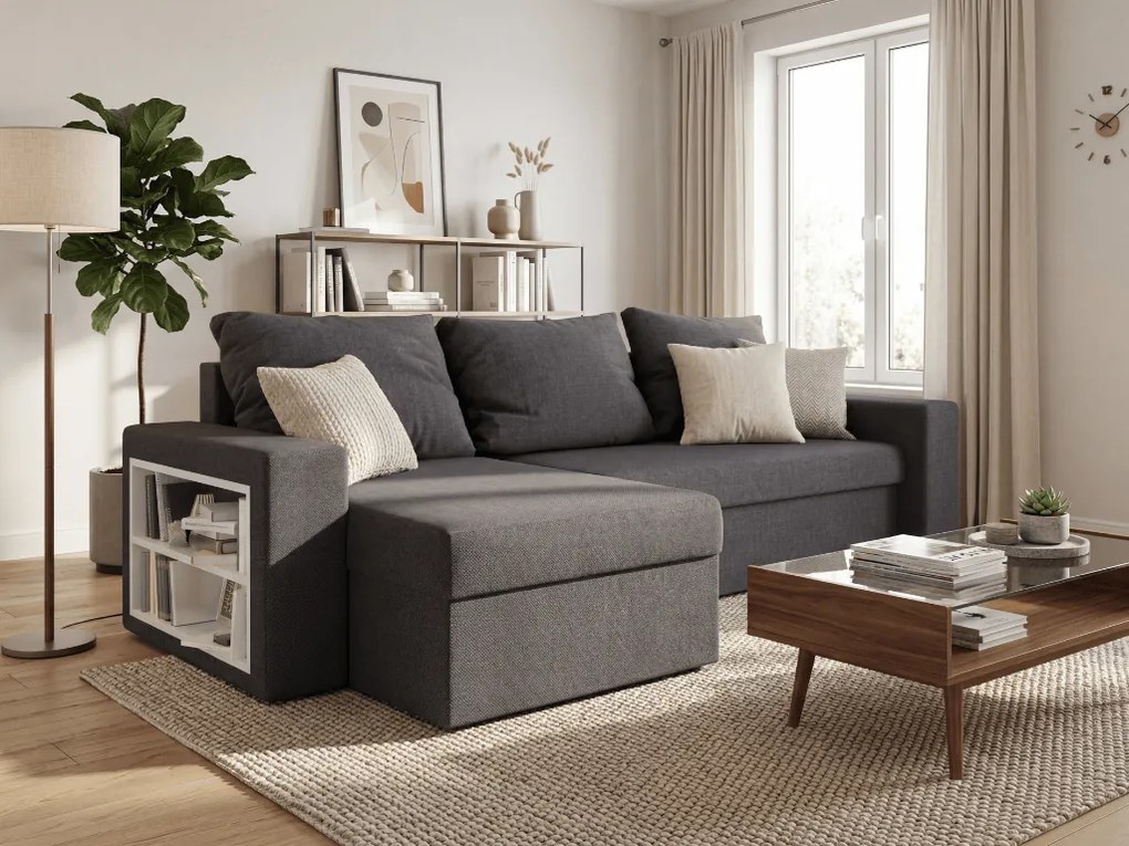 Canapea extensibila reversibila in forma de L NORIX 240x140 cm, gri inchis cu raft + 2 pernute GRATUIT