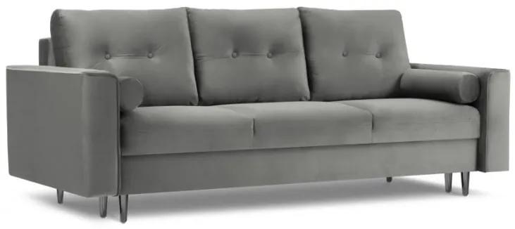 Canapea extensibila 3 locuri Leona cu tapiterie din catifea si picioare din metal negru, gri deschis