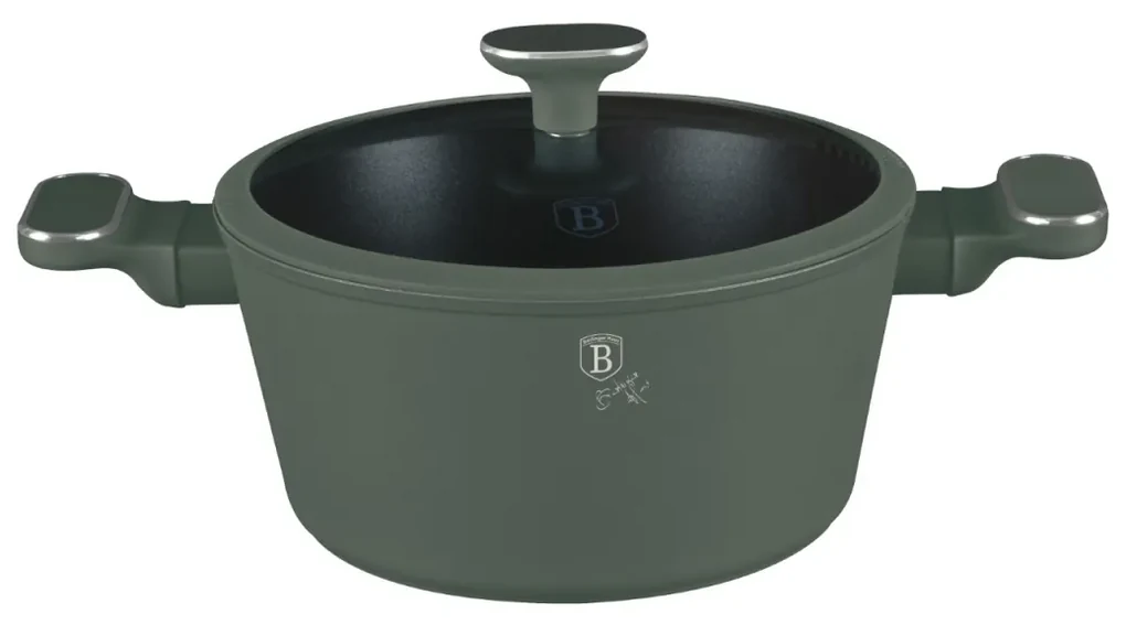 Oală cu capac 24 cm, 4.1L – Berlinger Haus Green Matte Collection BH 8201, verde, cu strat antiaderent din titan, design modern, compatibilă cu toate