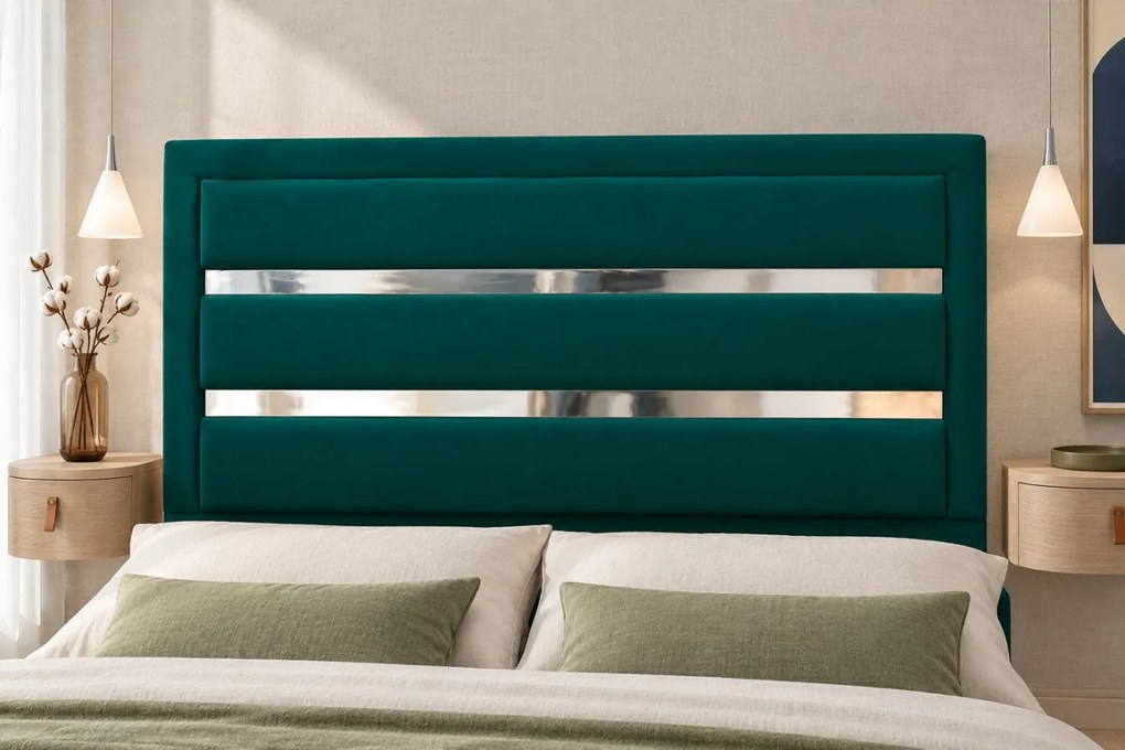 Pat tapițat din catifea Noren 180×200 cm, verde, detalii argintii, cu ladă de depozitare