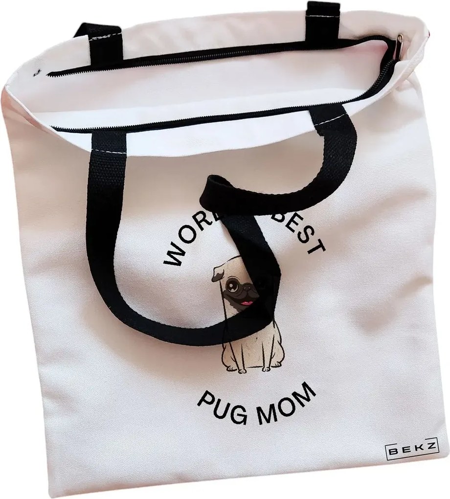Sacosa de Panza pentru Cumparaturi, Geanta Tote, model World's best pug mom, Cu fermoar, 38x34.5 cm, Alba, BEKZ®