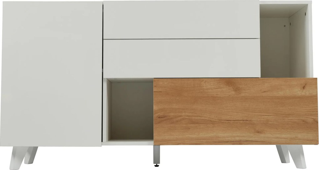 Comodă modernă cu spațiu de depozitare, alb lucios și aspect de lemn, 130x40x70 cm, Alb