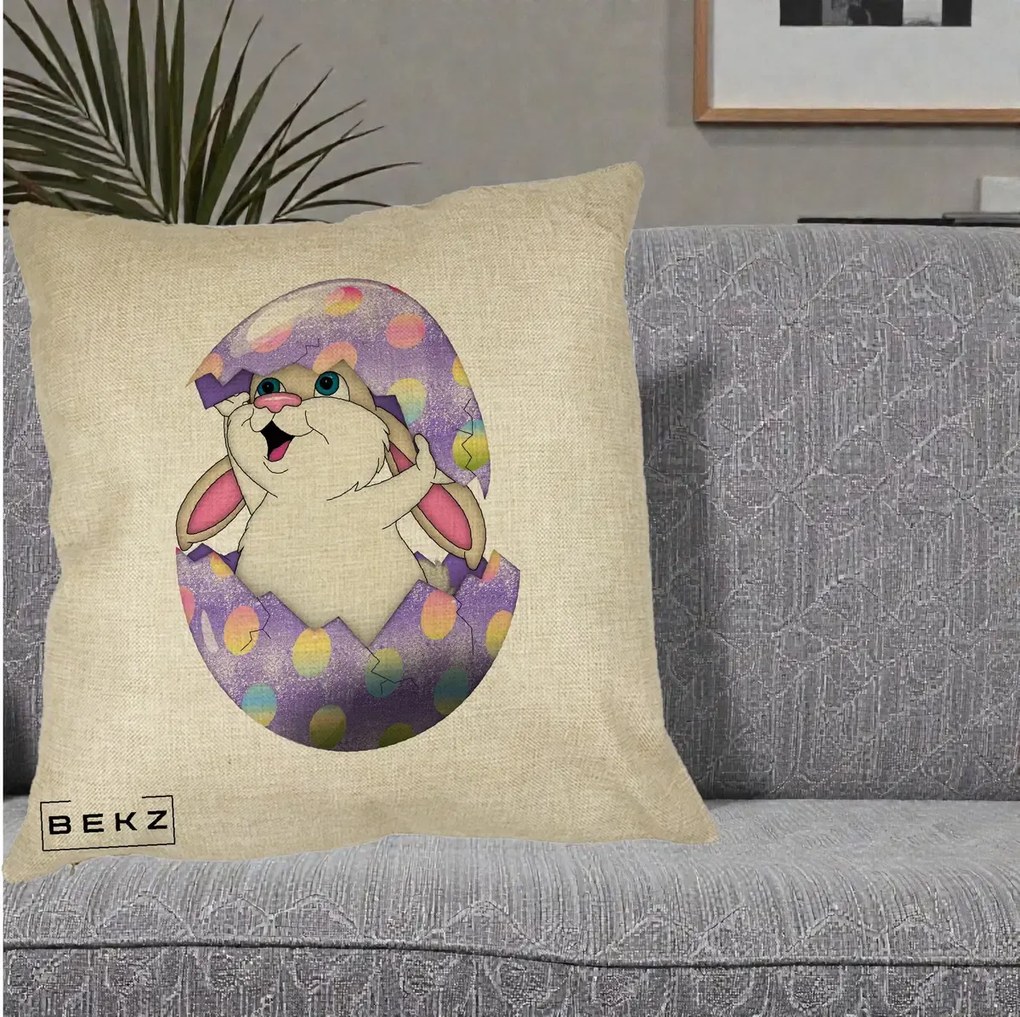 Perna Decorativa Iepuras din Ou de Pasti, 40x40 cm, Crem, Husa Detasabila, Perna Inclusa, BEKZ®