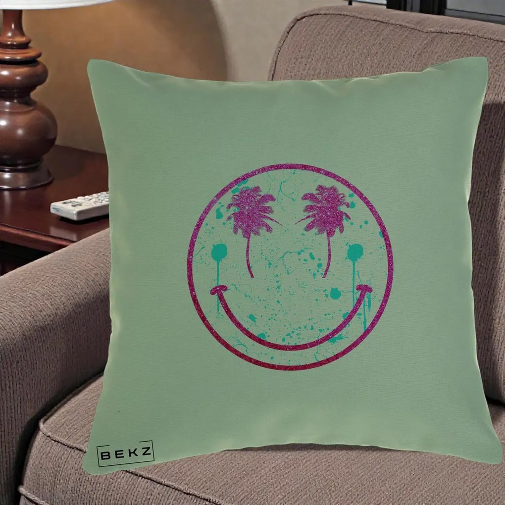 Perna Decorativa Smiley Face Tropical Glitter Roz, 40x40 cm, Verde, Husa Detasabila, Perna Inclusa, BEKZ®