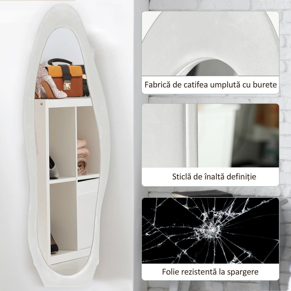 HOMCOM Oglindă cu Ramă Ondulată din Catifea, Oglindă Modernă de Podea sau Fixată pe Perete, 160x50 cm, Alb | Aosom Romania