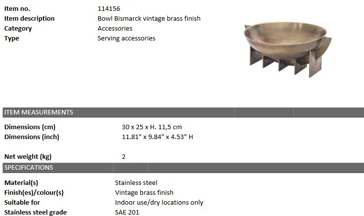 Vas decorativ din otel inoxidabil design LUX Bismarck, alama vintage 114156 HZ