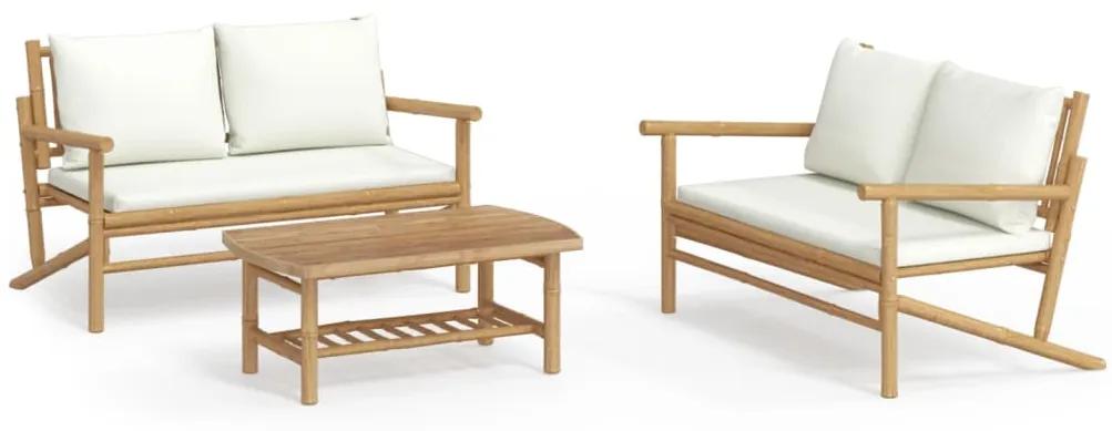 3156473 vidaXL Set mobilier de grădină, cu perne alb crem, 3 piese, bambus