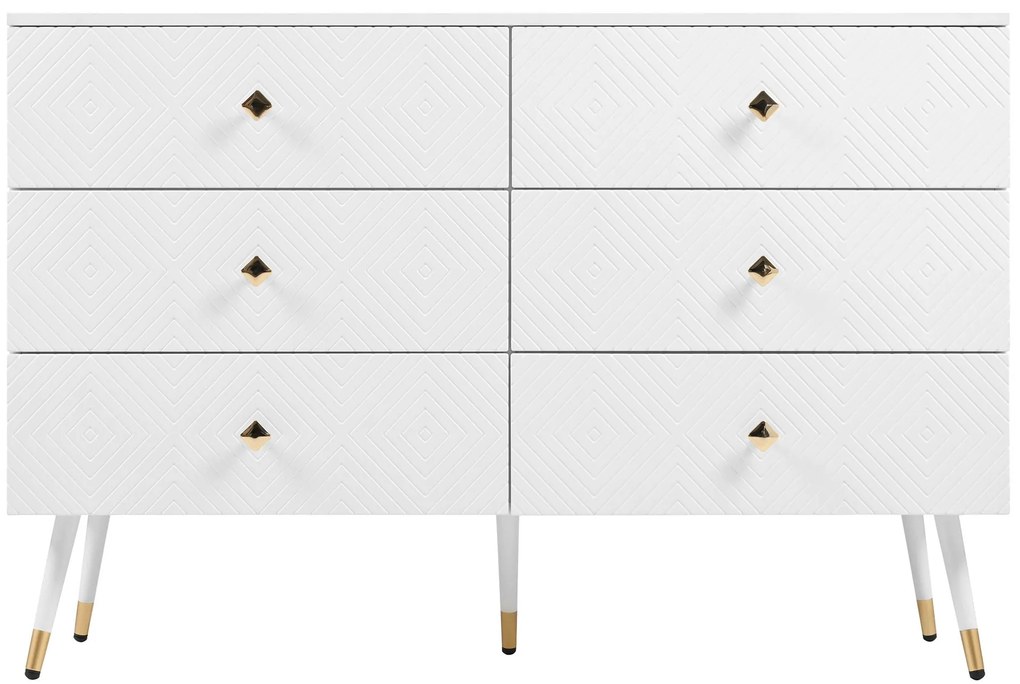 Comodă cu 6 sertare, cu model geometric și mânere în formă de diamant, pentru dormitor și living, 120x40x80 cm, Alb