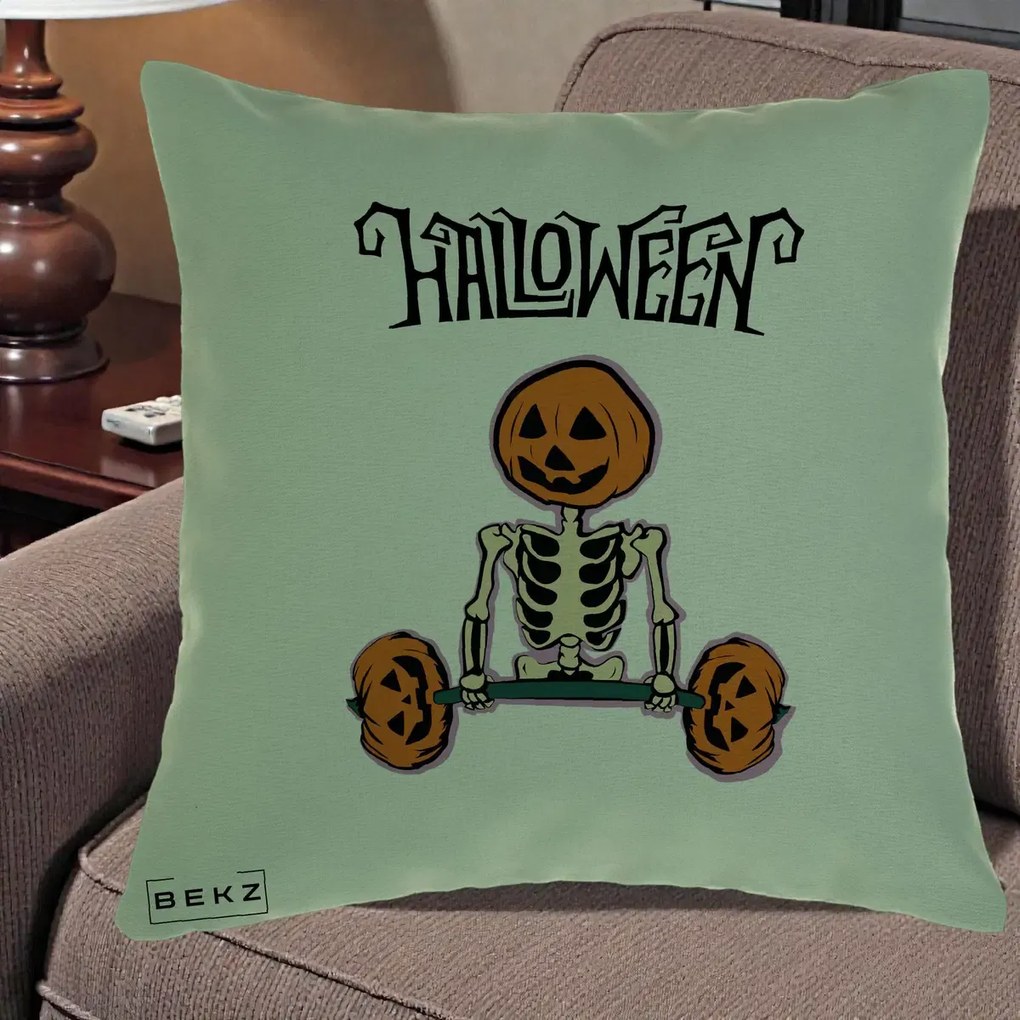 Perna Decorativa Halloween Schelet cu Cap de Dovleac Powerlifting, 40x40 cm, Verde, Husa Detasabila, Perna Inclusa, BEKZ®