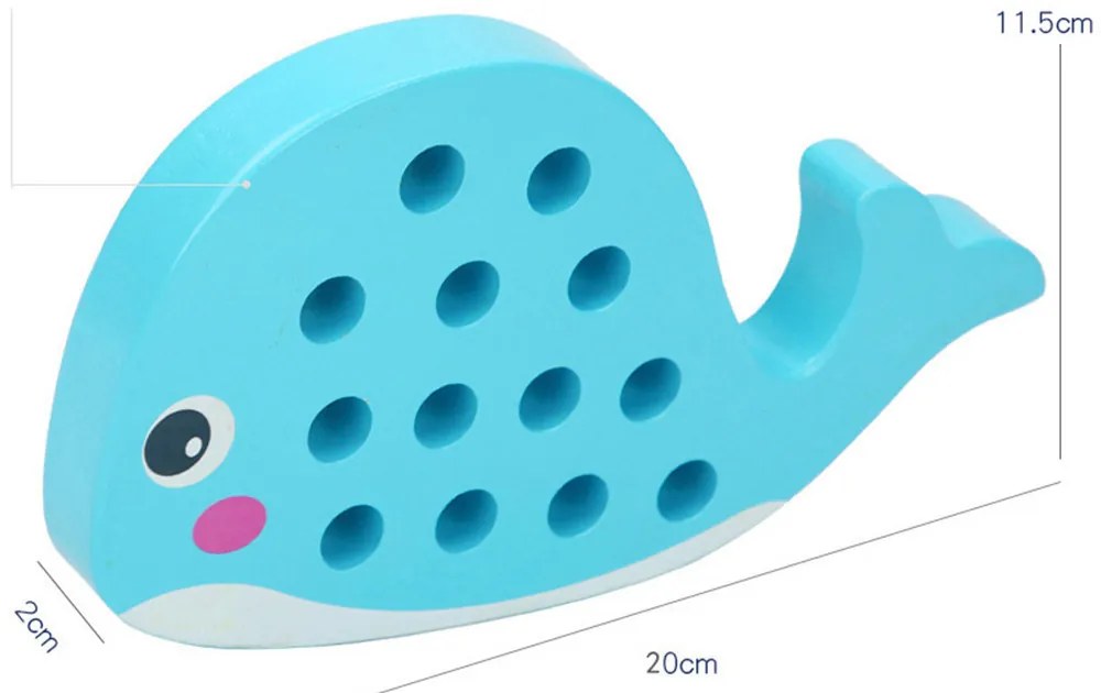 Jucărie din lemn în formă de balenă cu șireturi