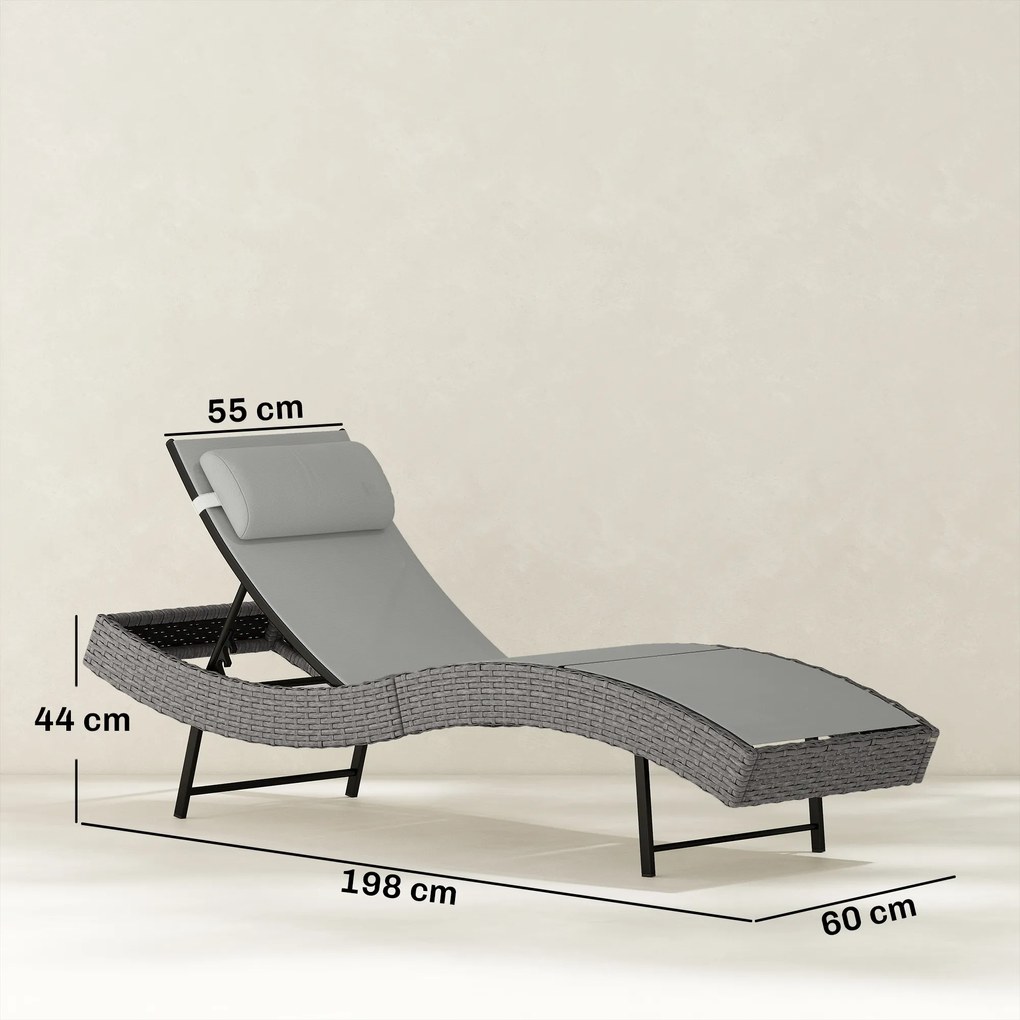 Outsunny Șezlong din PE-rattan, formă în S, șezlong de grădină cu spătar reglabil în 5 poziții, pernă pentru cap, respirabil, rezistent la UV | Aosom Romania