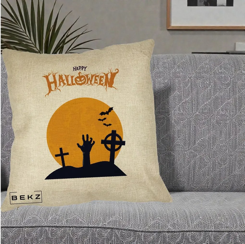 Perna Decorativa Happy Halloween Cimitir cu Luna, 40x40 cm, Crem, Husa Detasabila, Perna Inclusa, BEKZ®