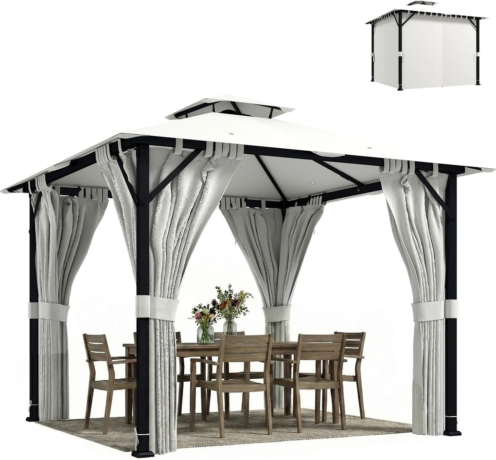 Outsunny Tonnelă de grădină exterior 3x3m pavilion de grădină, acoperiș dublu, draperii, cârlige pentru tavan, cadru metalic, crem | Aosom Romania