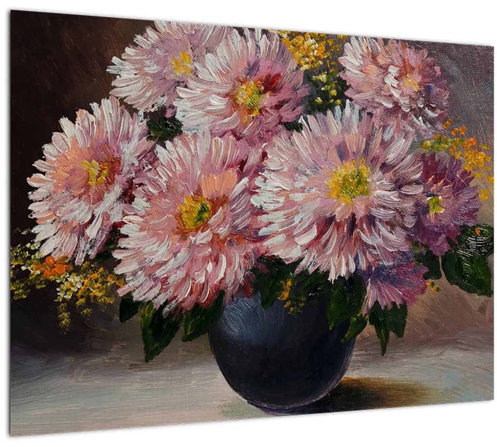 Tablou pe sticlă - Pictură în ulei, flori în vază (70x50 cm)