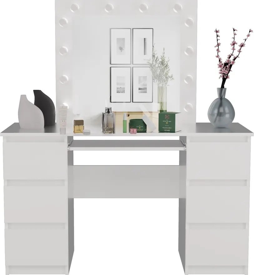 Masuta machiaj cu Oglinda LED si 6 Sertare pentru Cosmetice, Set Masa toaleta 130 cm, Alb, masuta cosmetica, vanity - SEA542