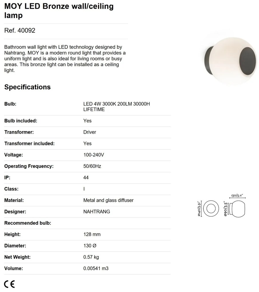 Aplica LED perete/tavan pentru baie IP44 MOY bronz