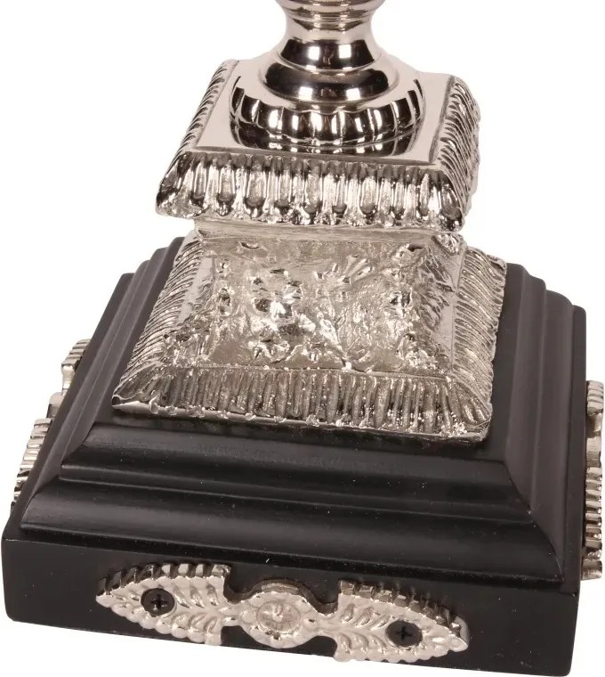 Suport lumânare din alamă și sticlă, argintiu, cu frunze de palmier și soclu negru, 60 x 26 cm, „Sylvaine”