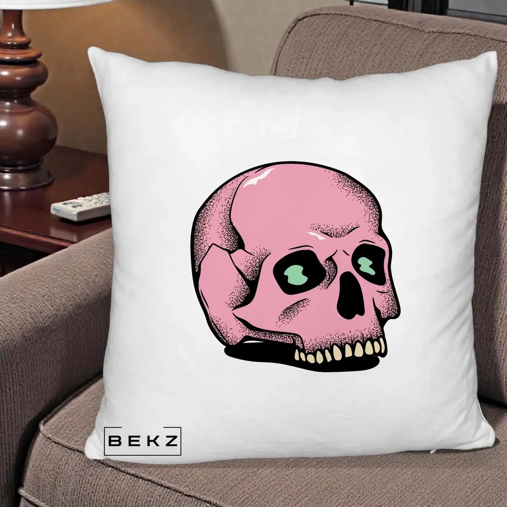Perna Decorativa Craniu Roz Tatoo Art Halloween, 40x40 cm, Alb Pufos, Husa Detasabila, Perna Inclusa, BEKZ®