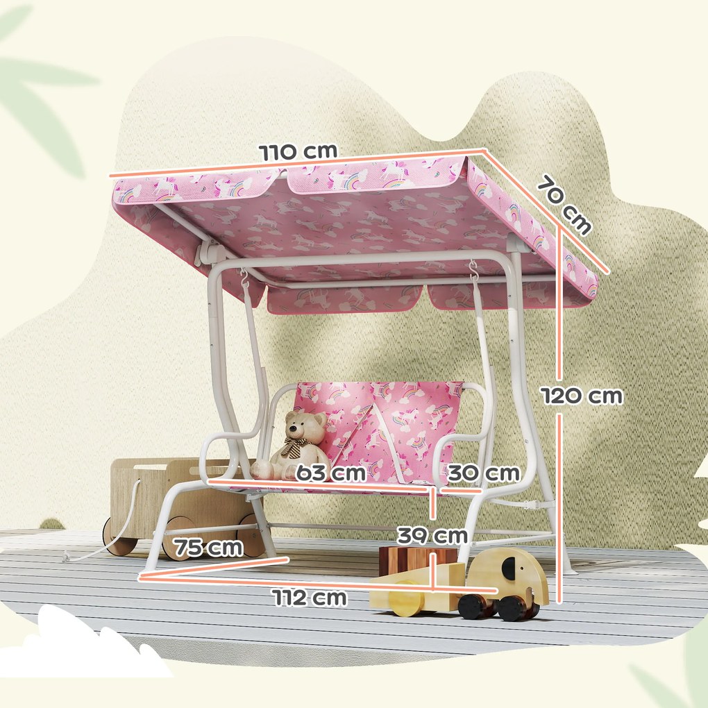 AIYAPLAY Leagăn pentru Copii de Exterior cu 2 Locuri, Acoperiș Reglabil și Centuri de Siguranță, Leagăn Grădină și Interior din Oțel și Material Oxford, Max 60 kg, 112x75x120 cm, Roz | Aosom Romania