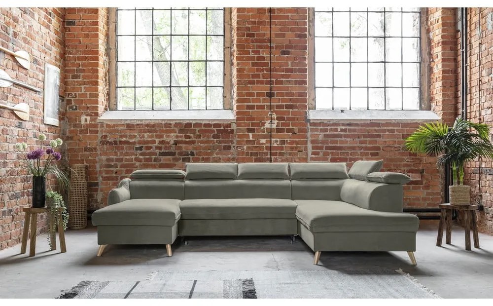 Colțar gri deschis extensibil cu tapițerie din catifea (cu colț pe partea dreaptă/în formă de "U") Sweet Harmony – Miuform