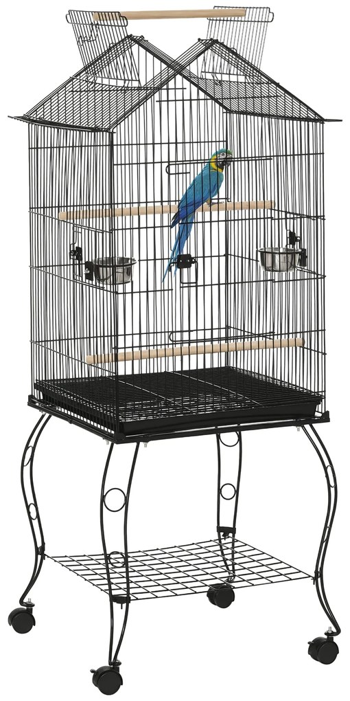PawHut Cușcă pentru păsări pe suport cu 2 mese perșoare tavă detașabilă mâner și roți 50 x 58 x 137/145 cm negru | Aosom Romania