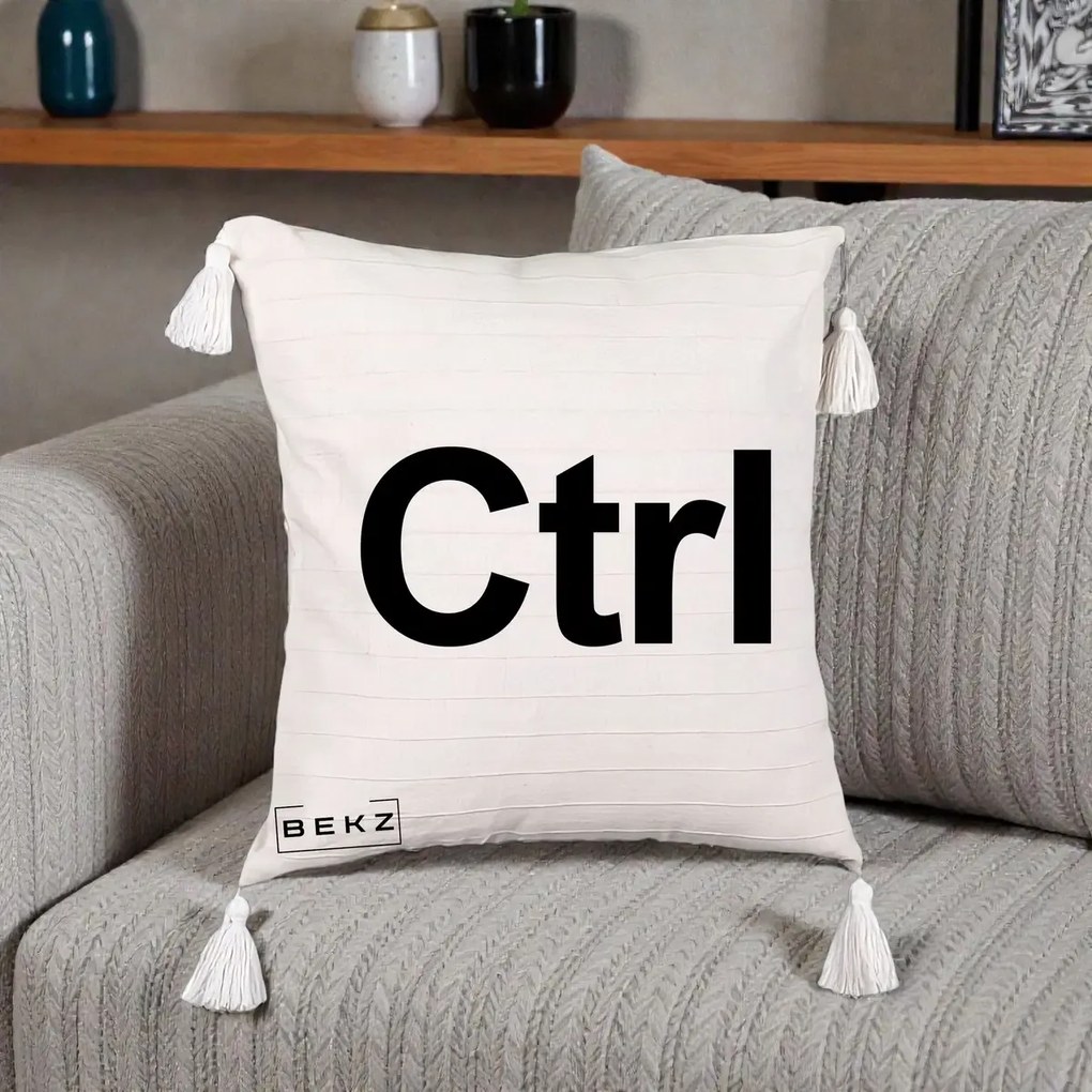 Perna Personalizata Tasta Ctrl Tipografie Bold, 40x40 cm, Bej cu Franjuri, Husa Detasabila, Perna Inclusa, BEKZ®