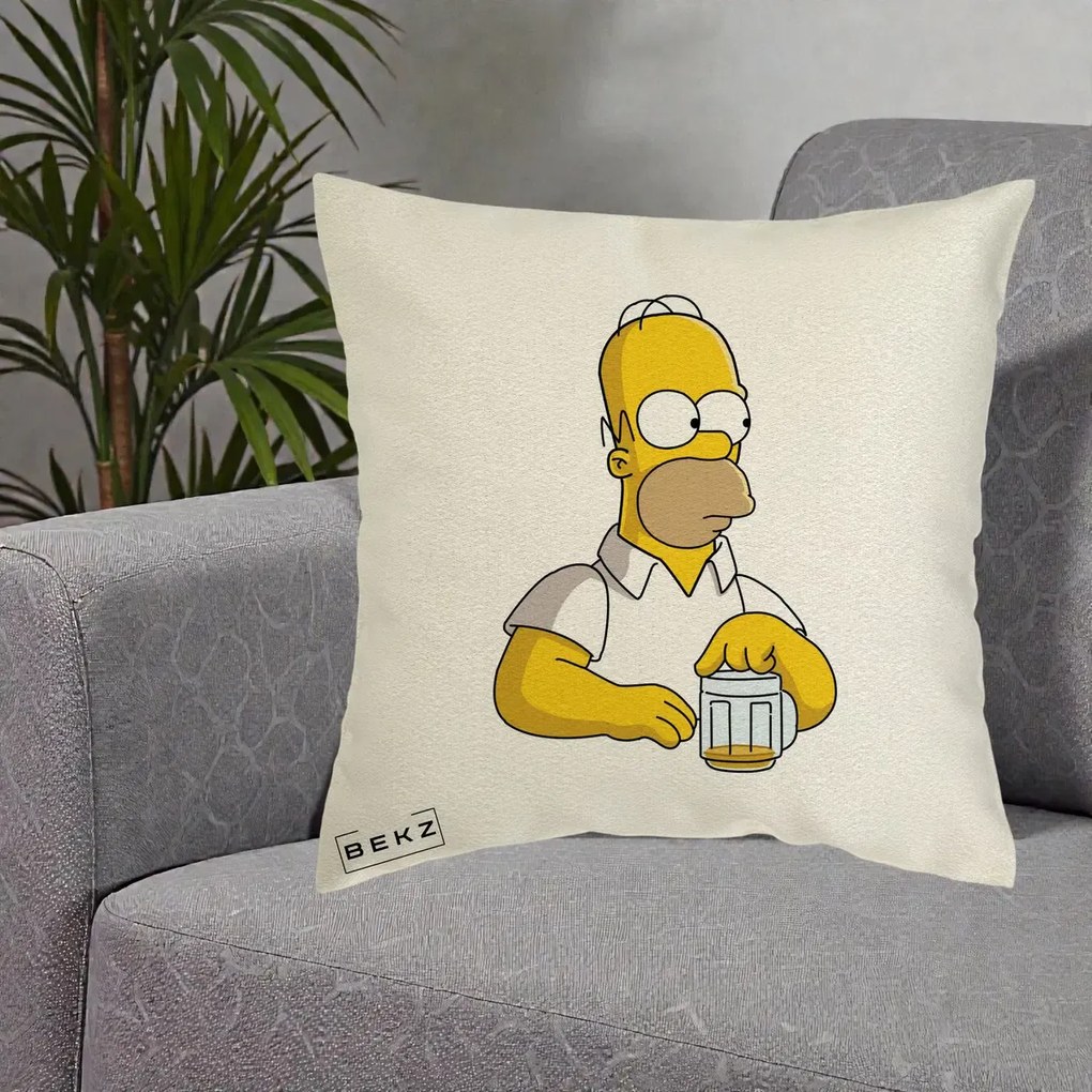 Perna Personalizata Homer Simpson cu Bere, 40x40 cm, Ecru, Husa Detasabila, Perna Inclusa, BEKZ®