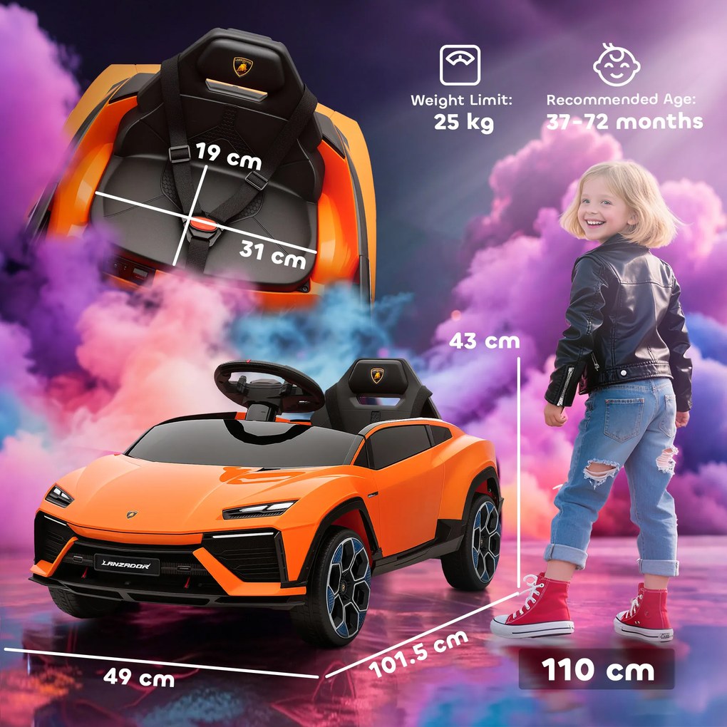 AIYAPLAY Mașină Electrică pentru Copii sub Licență Lamborghini cu Claxon și Telecomandă, 101.5x49x43 cm, Portocalie | Aosom Romania