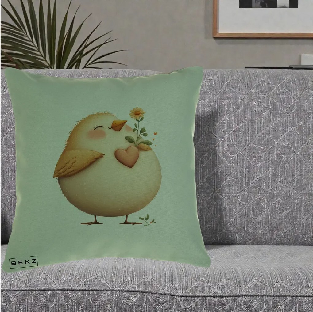 Perna Decorativa Pui cu Inima si Floarea-Soarelui, 40x40 cm, Verde, Husa Detasabila, Perna Inclusa, BEKZ®