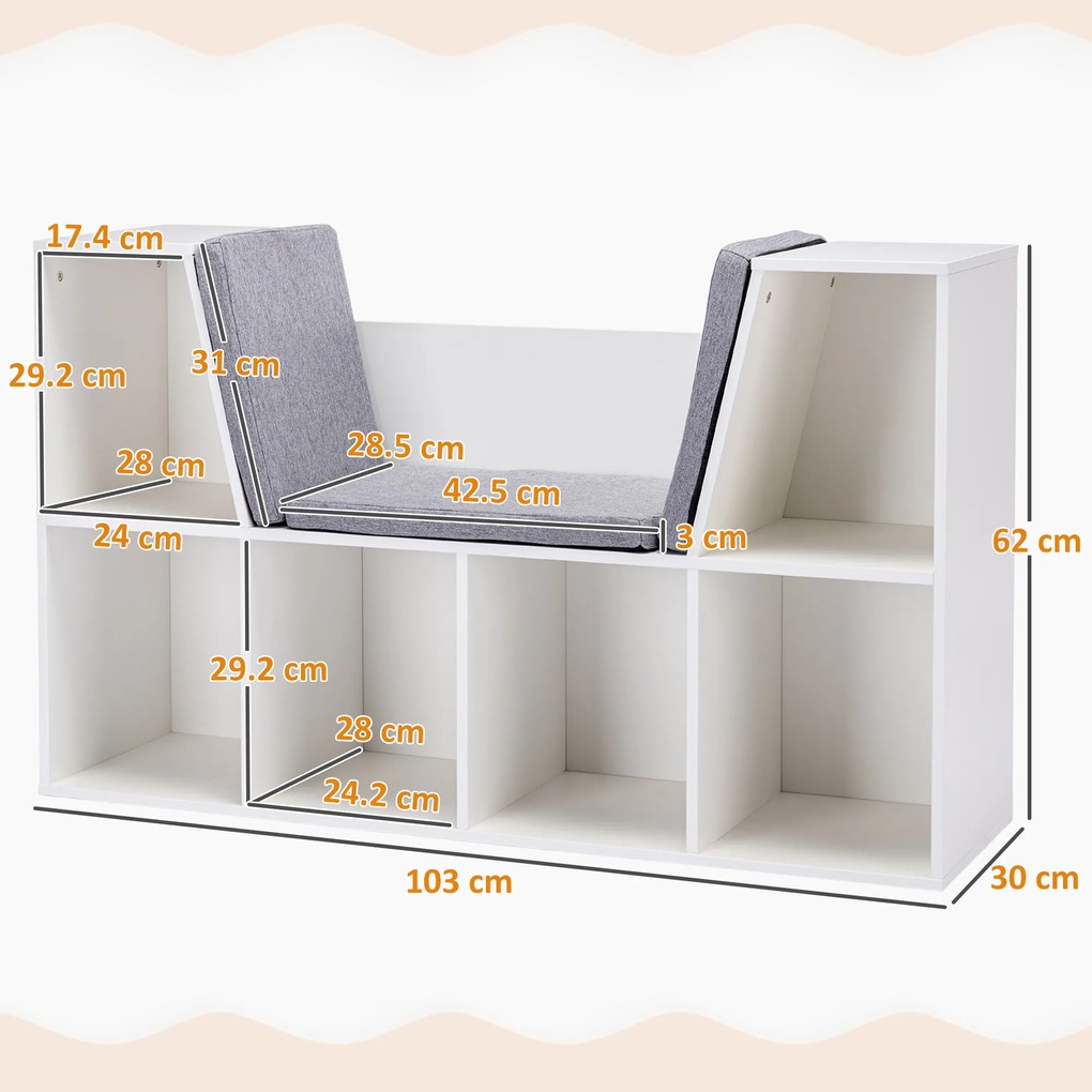 HOMCOM 2 în 1 Raft pentru copii Raft + Bancă cu scaun inclus 103 cm x 30 cm x 62 cm Alb + Gri | Aosom Romania