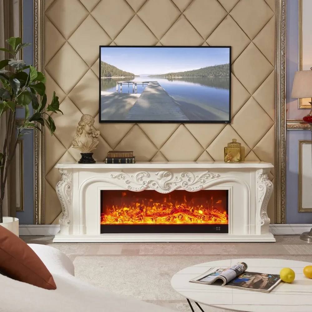 Șemineu electric cu efect LED realist cu 12 culori, Comodă TV, design clasic elegant, control vocal și telecomandă, fără încălzire, 200 cm, Alb